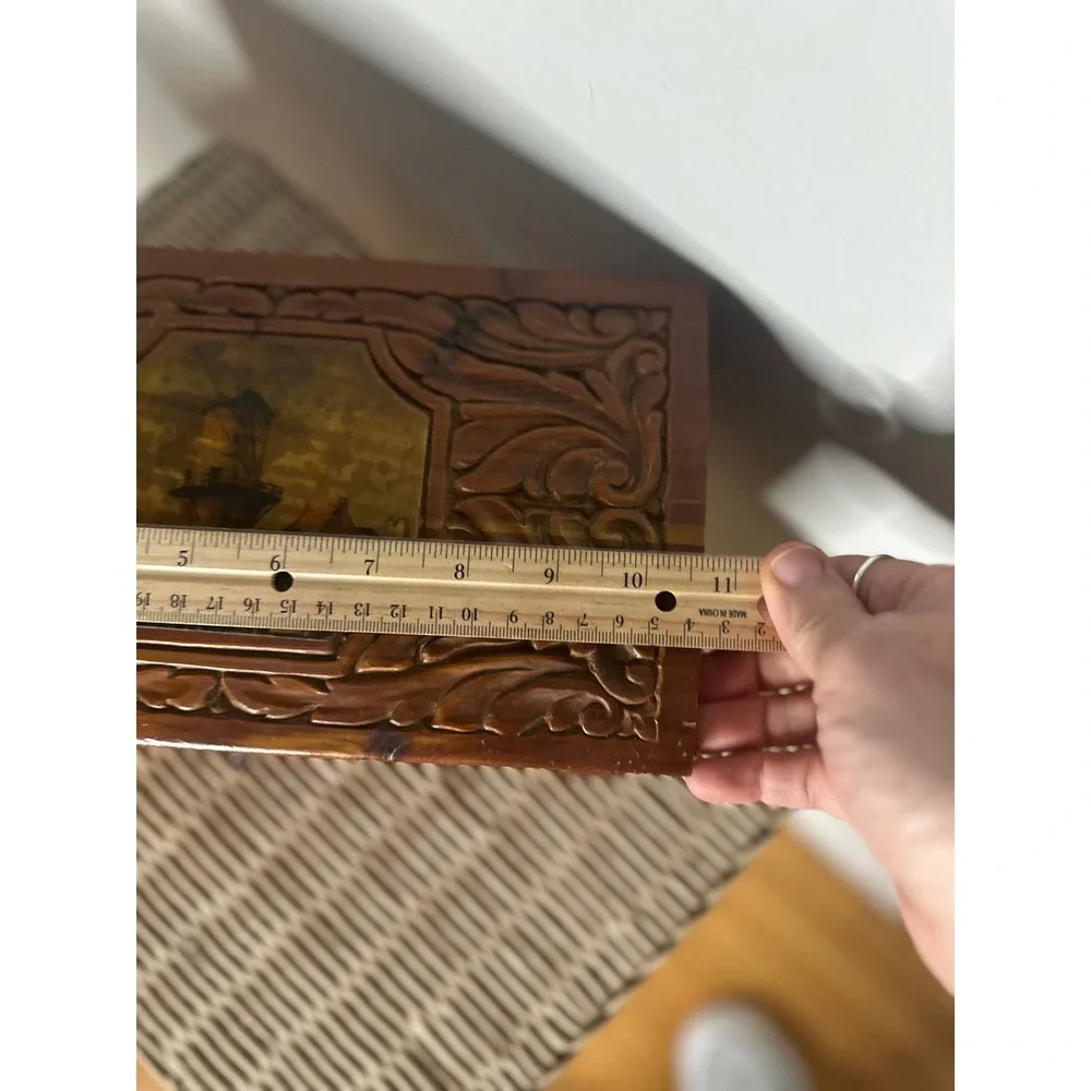 Vintage Hand Carved Cedar Wood Jewelry Box etched Mirror Windmill Footed 50s